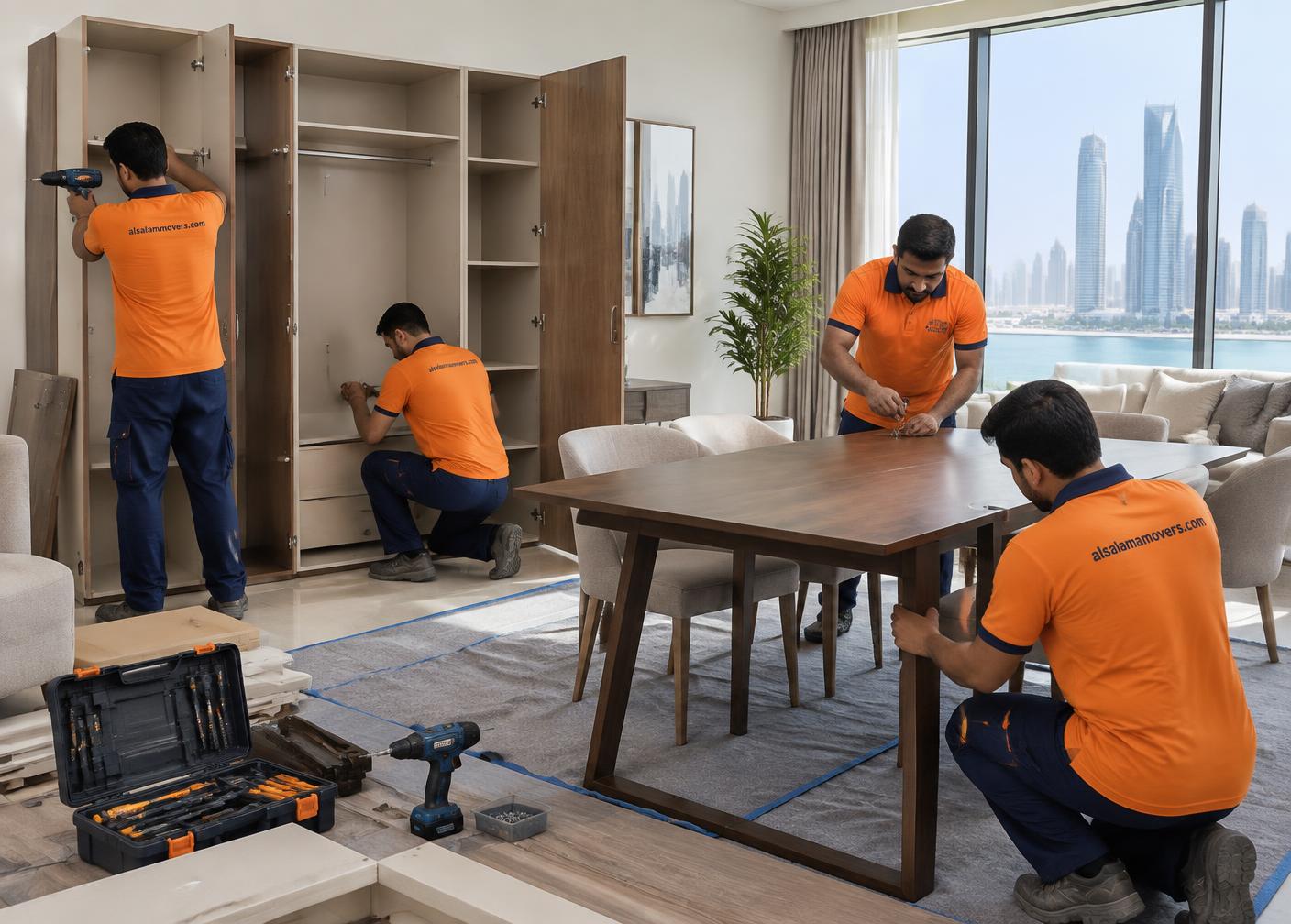 Movers assembling furniture in an Abu Dhabi home