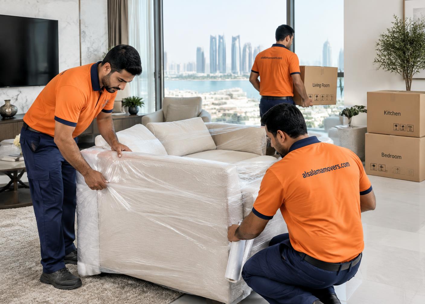 Movers wrapping a sofa in an Abu Dhabi home