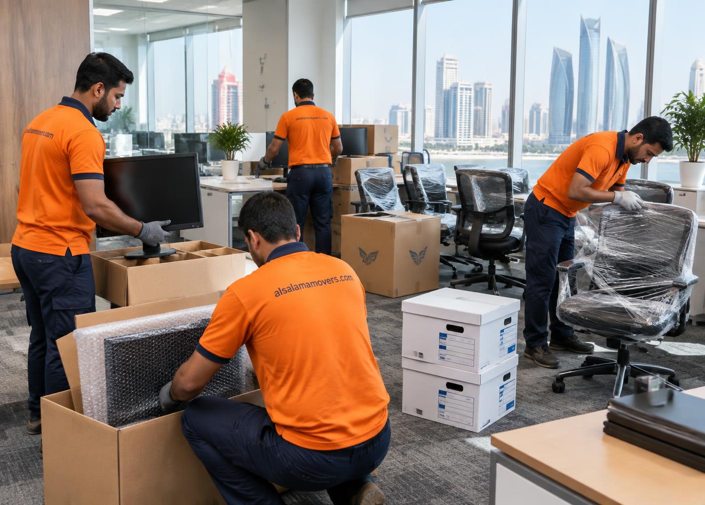 Al Salama Movers packing an Abu Dhabi office