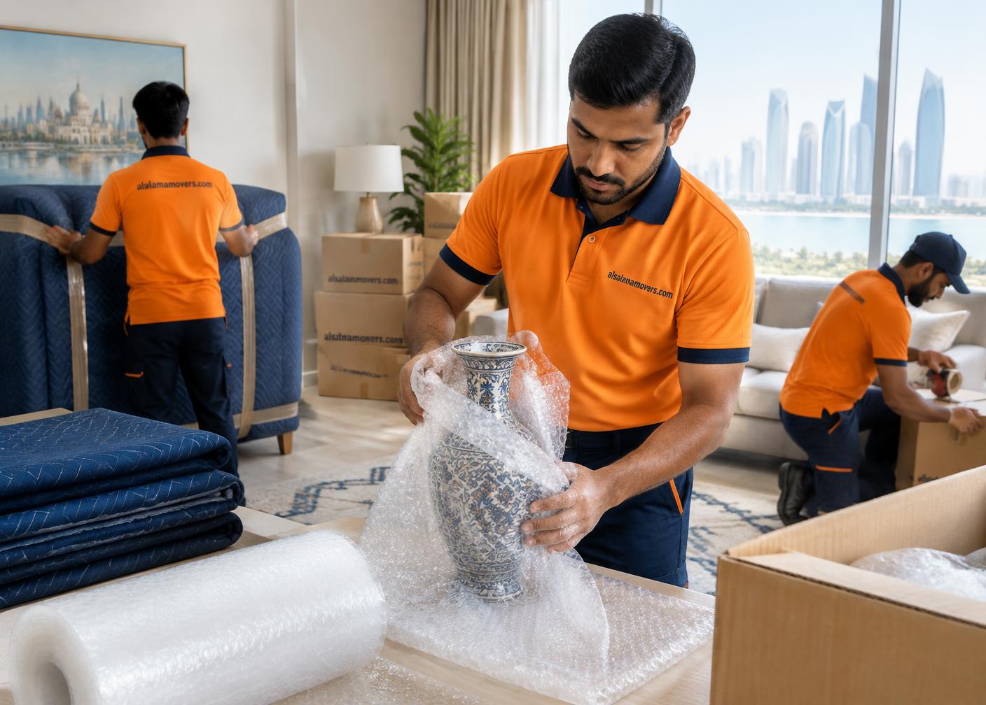 Mover carefully wrapping a fragile household item